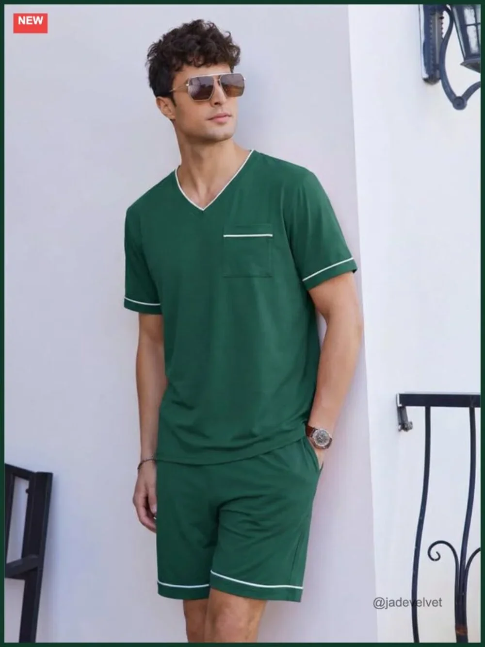 Men's Pajama Set Short Sleeve V-Neck Sleepwear with Pockets